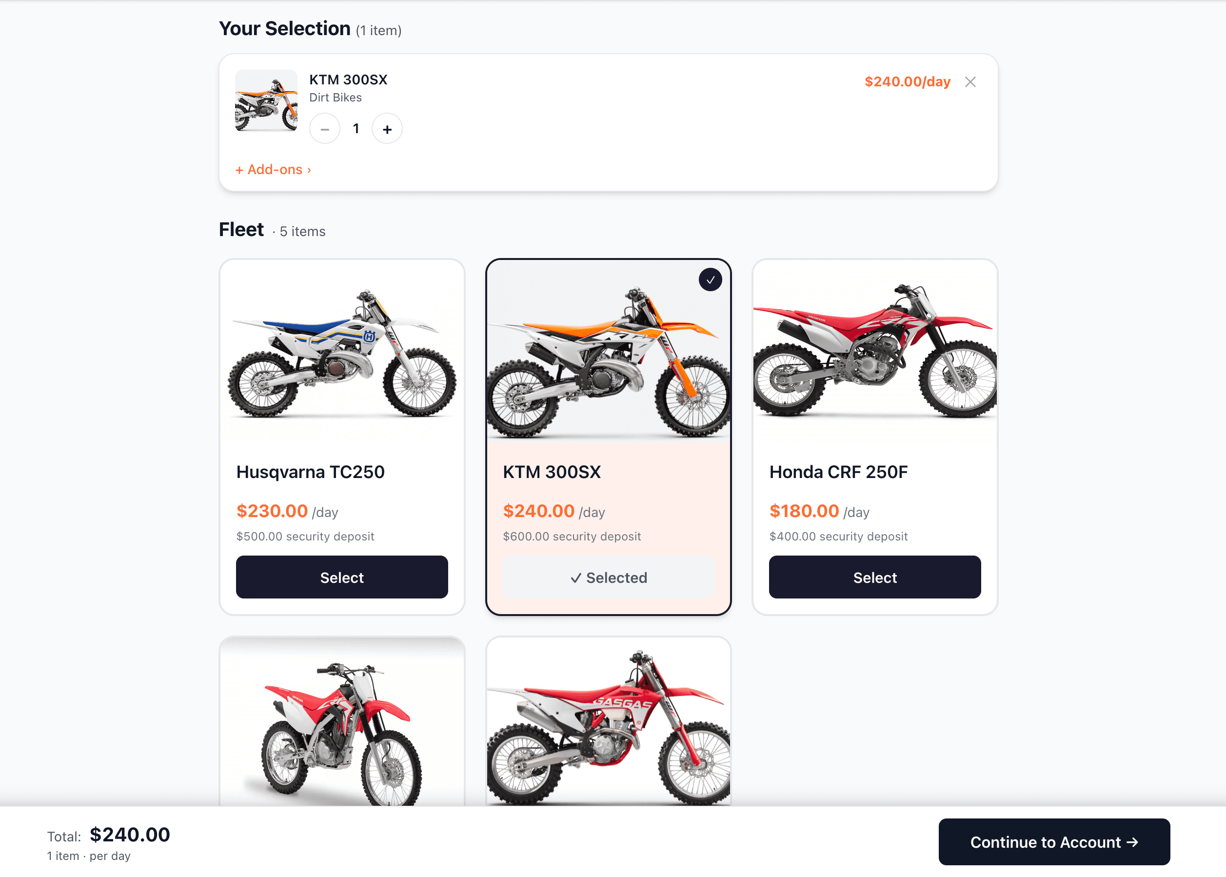 Renta booking wizard — choose your ride, select gear and add-ons